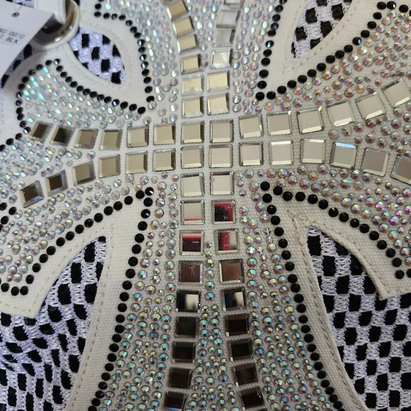 NWT Black And White Rhinestone Embellished Bling Cross Applique Tote Bag - Picture 4 of 9